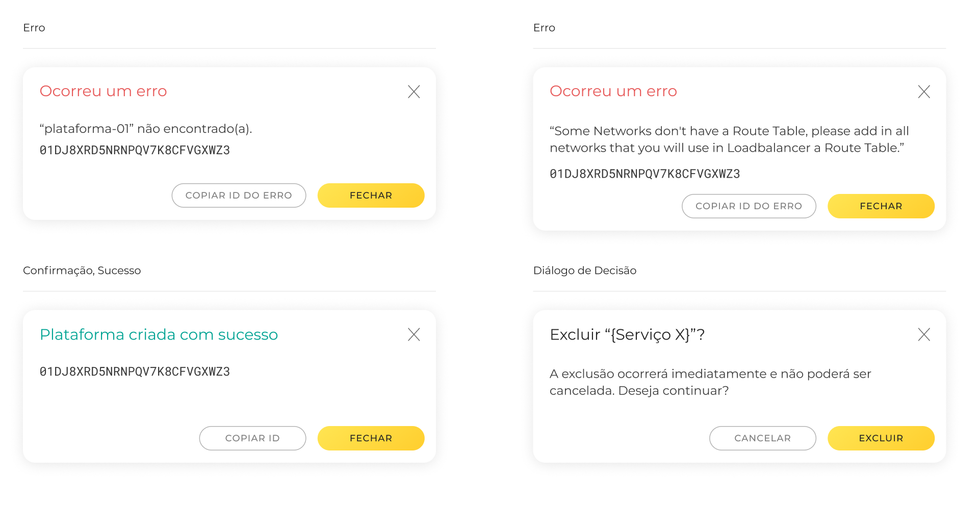 Several dialogs and modals for the C6 Bank design system with large yellow buttons and emphasis on typography.