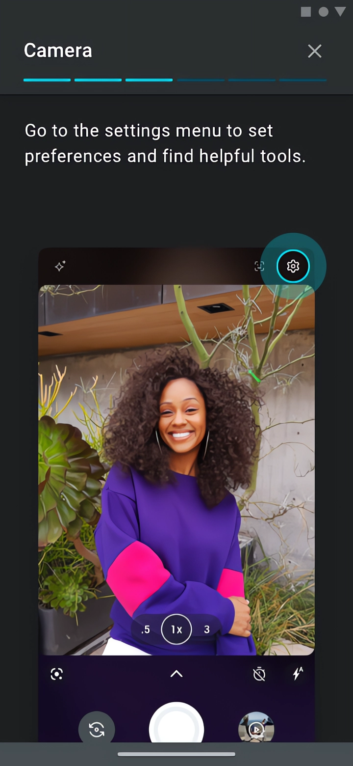 Moto Tour screenshot showing how to setup and view tutorial stories so users can learn how to use Motorola phones features, highlighting the camera settings icon.